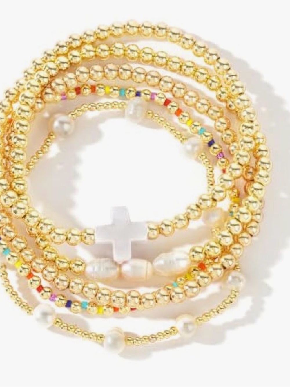 Gold Pearl Stackable Beaded Bracelet Set with White Cross Accent - Picture 7 of 14
